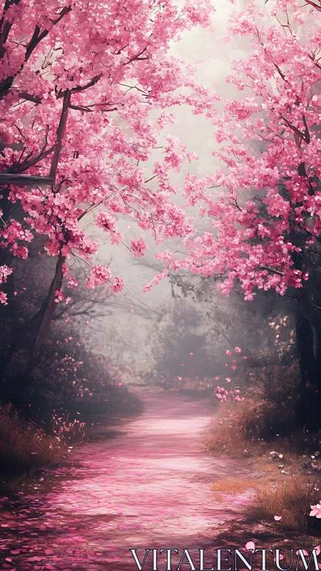 Pink blossom trees frame curved path under soft diffused light
