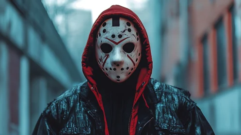 Masked figure in red hood stalks deserted urban alleyway.