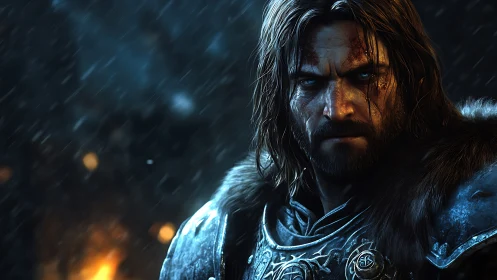 Weathered warrior in the rain pauses between burning battles.