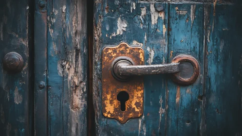 Rust kissed keyhole on weather beaten teal wooden door.