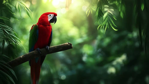 Scarlet macaw perched on branch in lush rainforest, vibrant style.