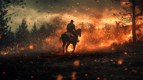 Cowboy's Fiery Gallop Through Inferno Landscape.