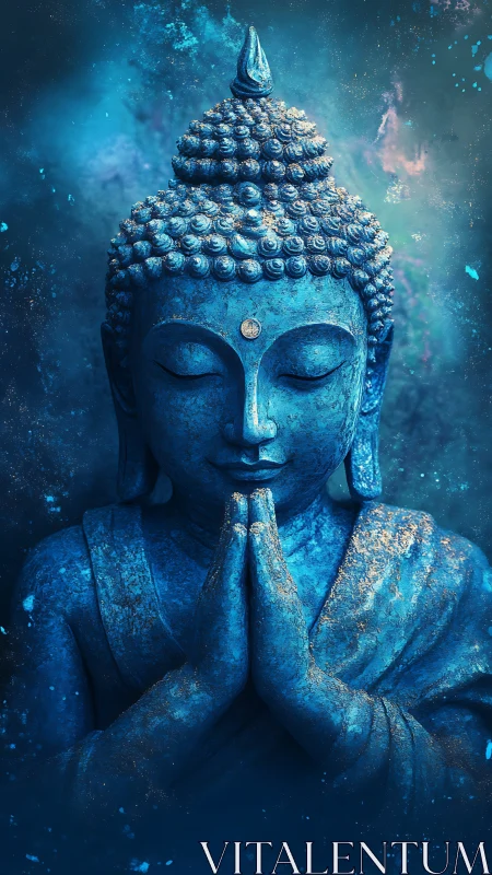 Serene blue Buddha in peaceful prayerful stillness.