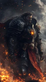 Armored warrior strides through fire under stormy sky.