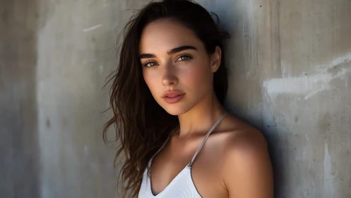 Portrait of young woman in white top against concrete wall.
