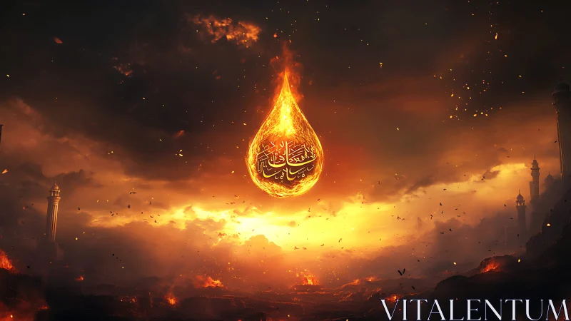 Radiant Teardrop: Islamic Calligraphy Ablaze in Apocalyptic Light.