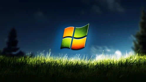 Windows logo floating above grassy field, digital art style.