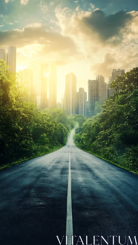 Straight road converges toward sunlit cityscape through verdant passage.