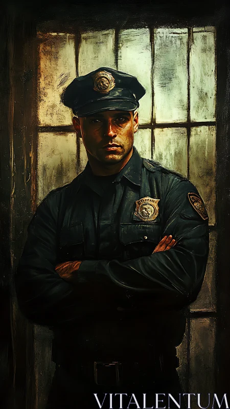 Calm officer stands watchfully beside a worn station window
