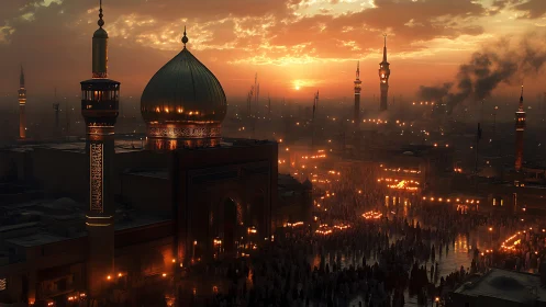 Digital painting of illuminated shrine plaza at dusk panorama.