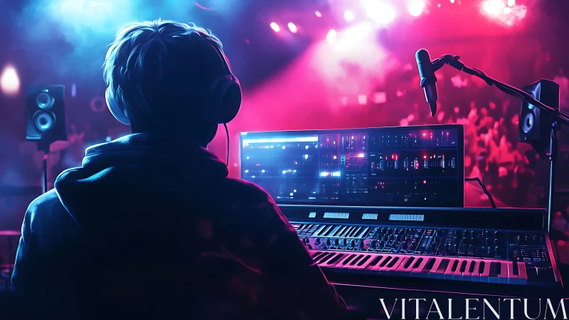 Music producer controls illuminated synths in neon studio