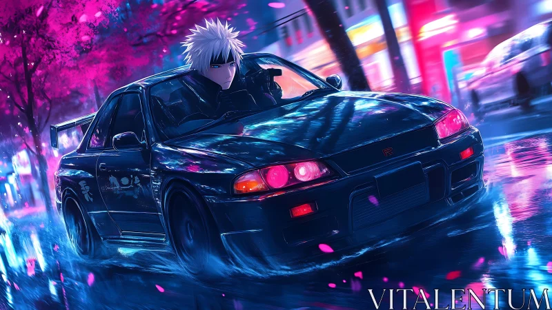 Street racer drifts neon skyline beneath glowing sakura trees