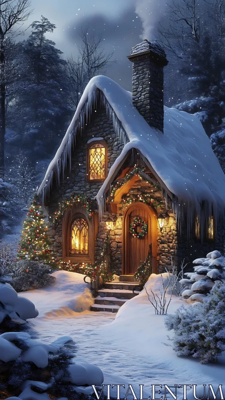 Snow covered stone cottage with winter holiday lighting.