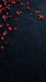 Scarlet maple leaves rest on textured dark stone ground