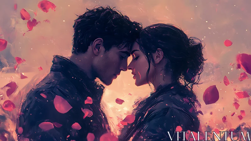 Two figures in profile with rose petals and warm luminescence.