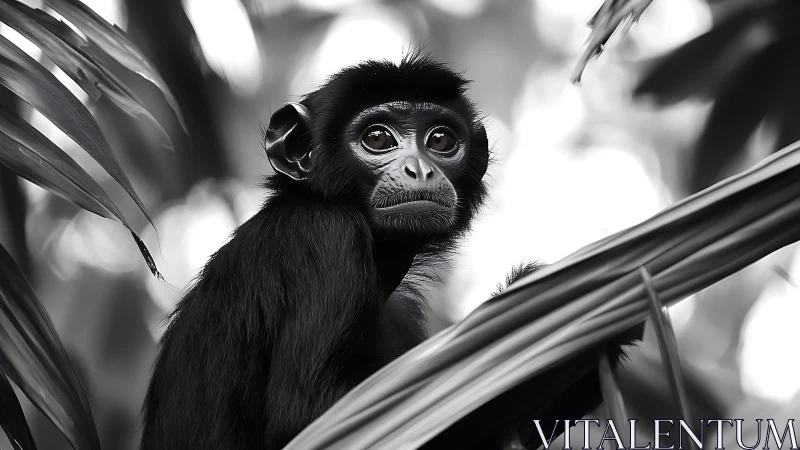 Curious young monkey gazes warmly from soft jungle shadows