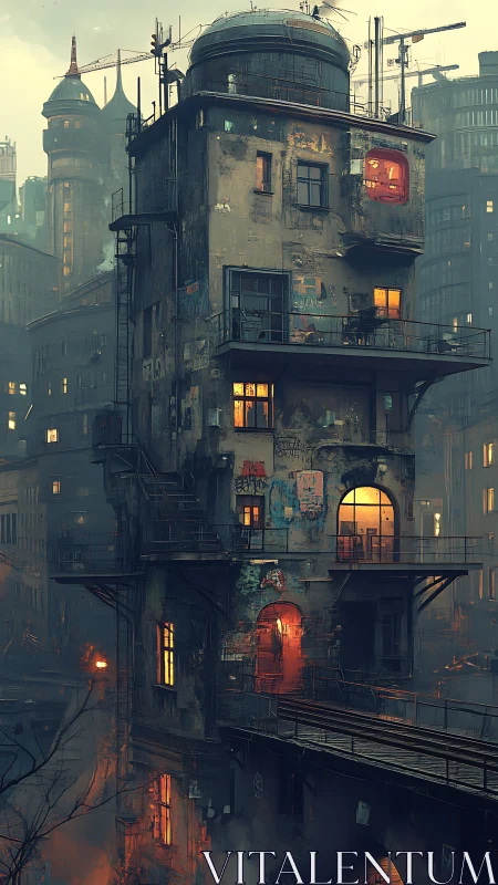Rusting elevated tenement tower in dense smoggy megacity