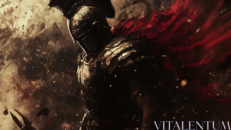 Storm-lit armored warrior strides forward through swirling ash