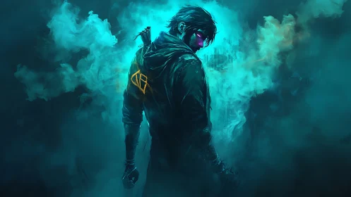 Hooded figure with neon visor amid teal atmospheric smoke.
