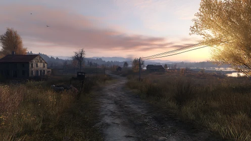 Rural dirt road at sunset beside abandoned farmhouse scene.