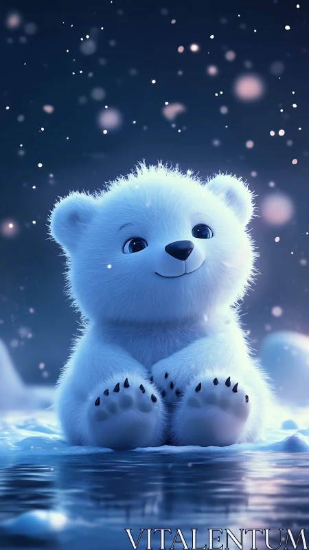 Young polar bear character on icy surface at night.