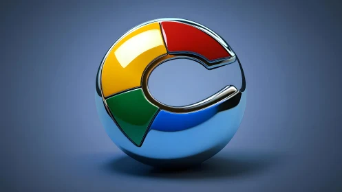 Glossy 3D Chrome-Inspired Logo with Vivid Colors on Blue Background.