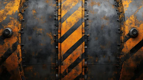 Industrial metal surface with yellow hazard stripes, grunge style.