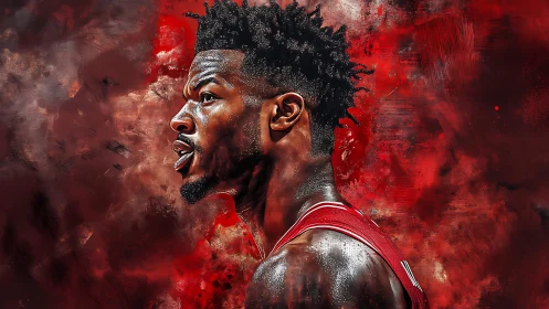 Basketball portrait ignites bold red abstract energy.