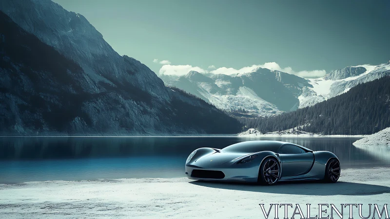 Futuristic silver supercar beside icy alpine lake at dusk.