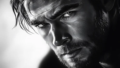 Intense monochrome male portrait with dramatic lighting.
