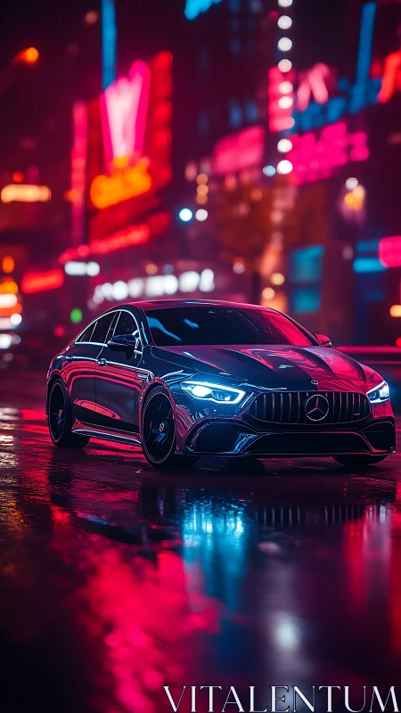 Midnight city drive with neon-lit reflections on wet streets.