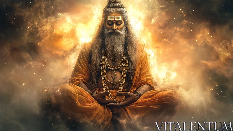 Mystic sage in radiant orange aura, cosmic smoke haloed figure.