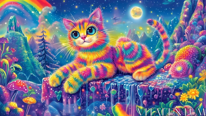 Chromatic feline on iridescent waterfall plateau under nebula sky.