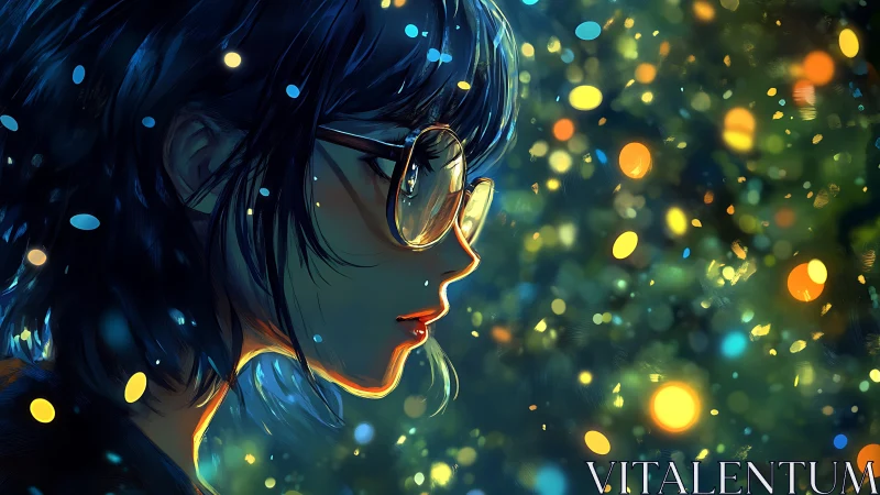 Girl in glasses gazes into glowing night bokeh lights