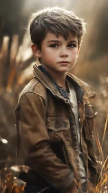 Young boy in brown jacket portrait with natural outdoor setting.