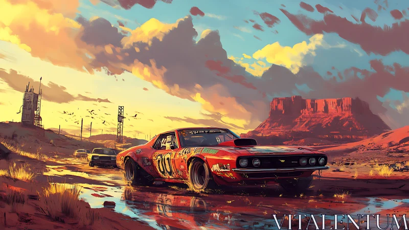 Muscle car powers through desert sunset after rainfall.