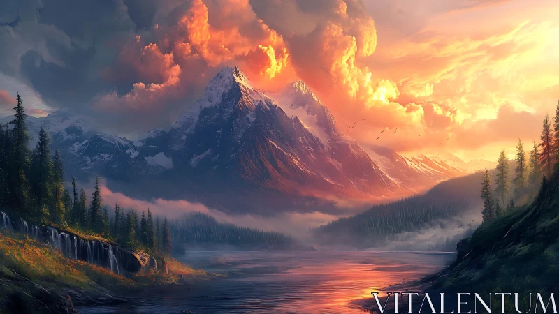 Sunlit alpine peaks above misty river valley at dusk.