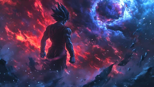 Cosmic warrior before swirling galactic storm portal.