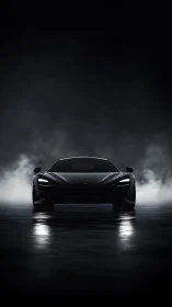 Midnight supercar prowls through fog-drenched mirror asphalt.