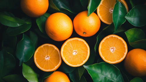 Fresh whole and sliced oranges arranged on green leaves.