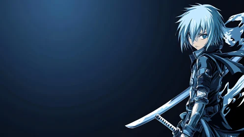 Blue haired anime swordsman with glowing katana on navy field.