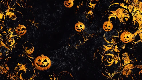 Jack-o-lantern glow swirling through gothic midnight vines.