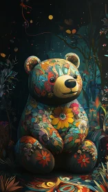 Floral patterned bear statue under luminous night forest sky