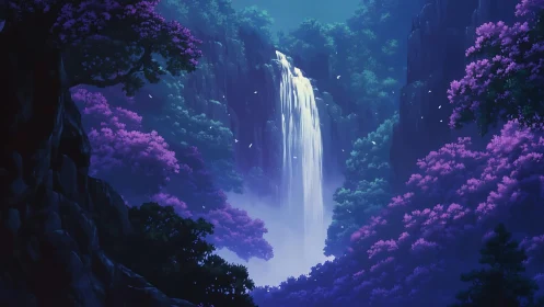 Digital painting of luminous forest waterfall in dusky bloom palette.
