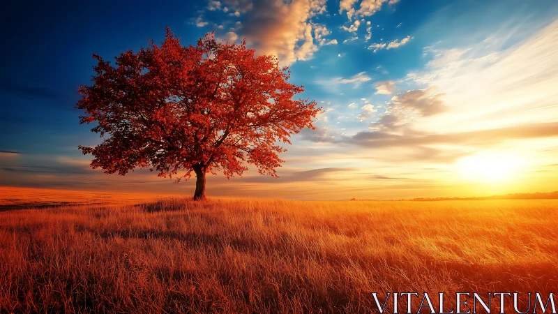 Lone crimson tree crowns a blazing autumn sunrise horizon.