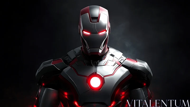 Futuristic armored humanoid robot stands against dark backdrop