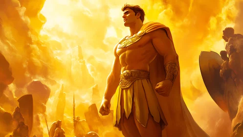 Golden sky hero stands tall above ancient battlefield