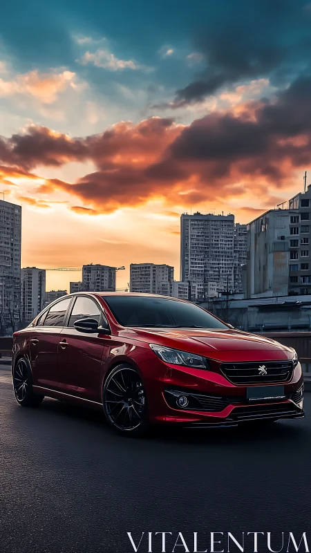 Crimson city sedan beneath vivid high-rise sunset sky.