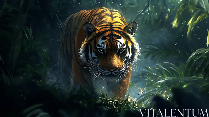 Gentle jungle thunder, a tiger stepping out of shadows.
