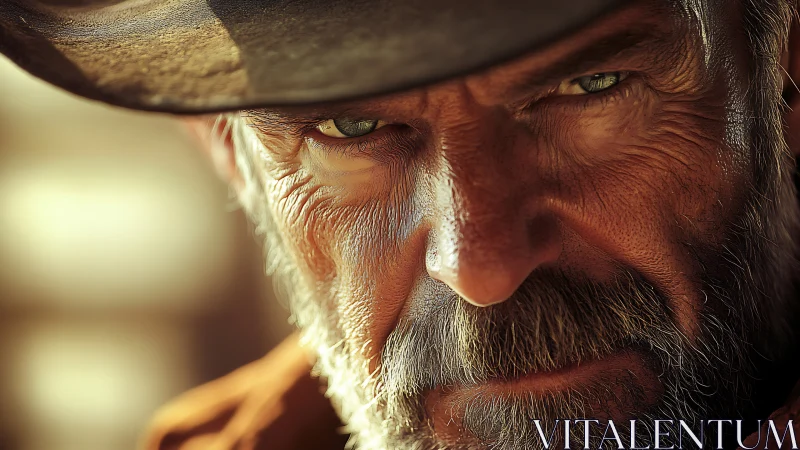 Weathered male face in close view under wide-brimmed hat.